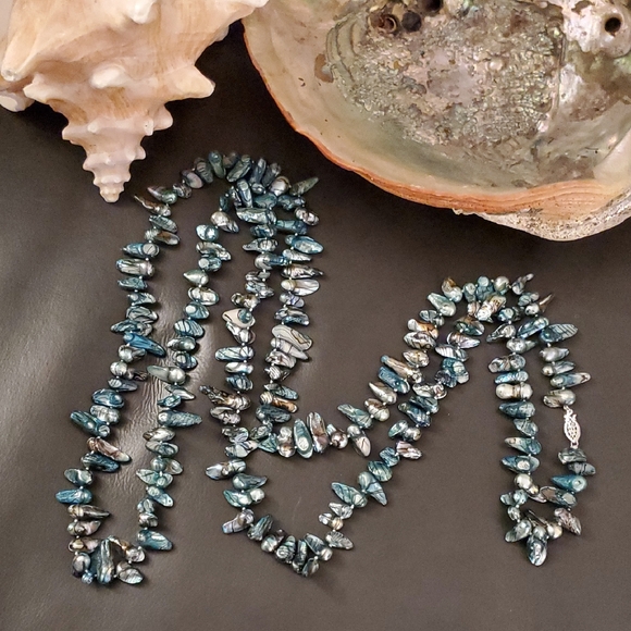Vintage 56 Inch Long BAROQUE Freshwater Pearl Necklace Irridescent Peacock Blue